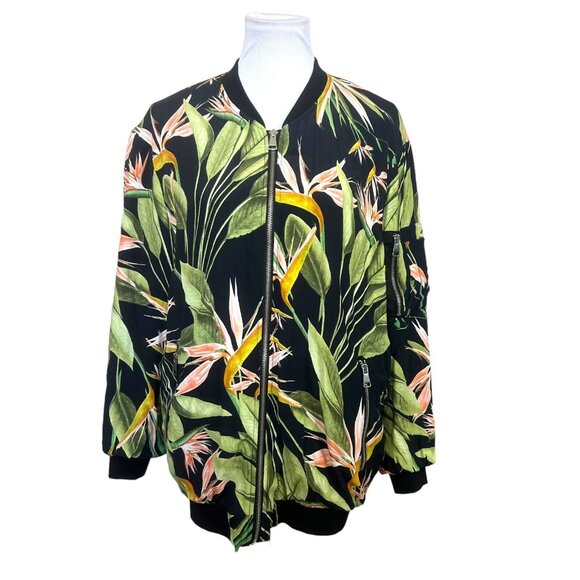 Zara Basic Jacket Womens XS Black Floral Bomber Full Zip Outerwear Tropical - Picture 1 of 8